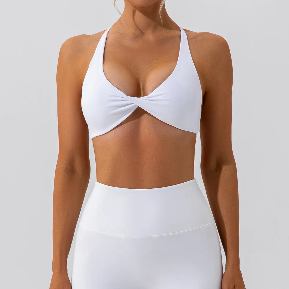Sculpt peach cross strappy padded front twist yoga bra with quick dry nylon spandex - product image