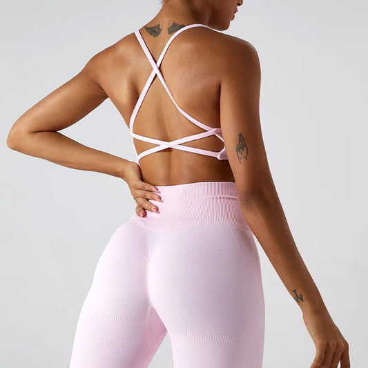 Seamless knit nylon cross back fitness sports bra - product image