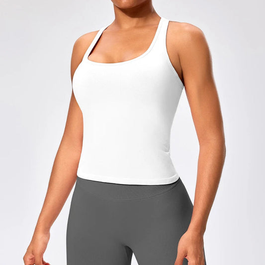 Seamless padded nylon spandex scoop neck gym tank tops with compression and racerback - product image