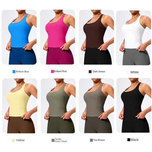 Seamless padded nylon spandex scoop neck gym tank tops with compression and racerback - product image