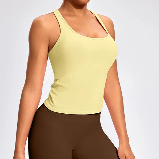 Seamless padded nylon spandex scoop neck gym tank tops with compression and racerback - product image