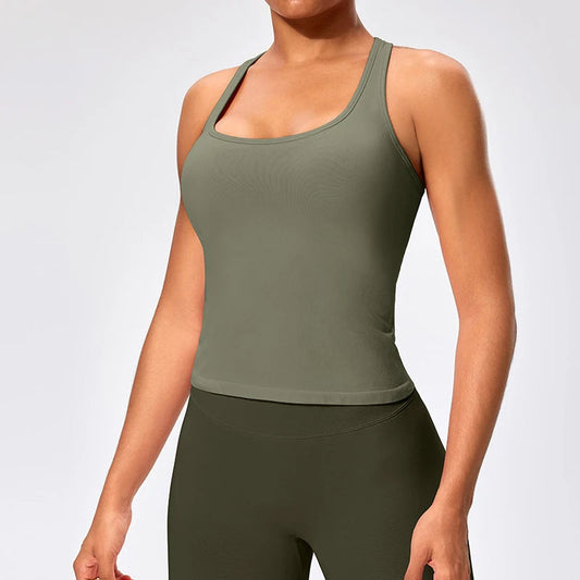 Seamless padded nylon spandex scoop neck gym tank tops with compression and racerback - product image