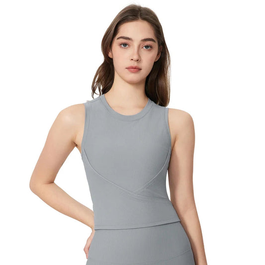 Slim fit o neck ribbed knit nylon sleeveless yoga vest - product image