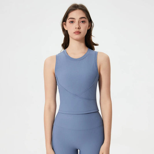 Slim fit o neck ribbed knit nylon sleeveless yoga vest - product image