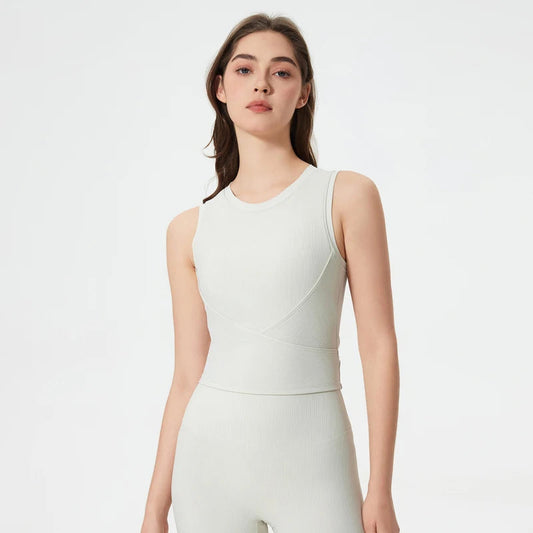 Slim fit o neck ribbed knit nylon sleeveless yoga vest - product image