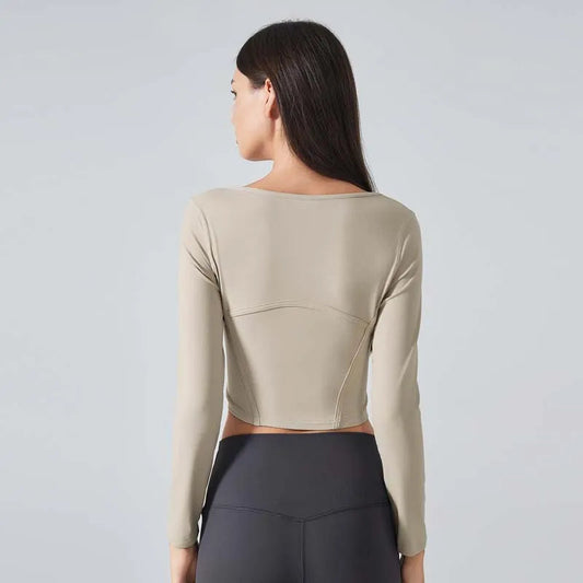 Slim fit scoop neck long sleeve nylon crop t-shirt top - product image