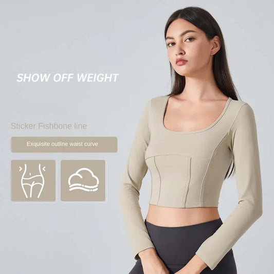 Slim fit scoop neck long sleeve nylon crop t-shirt top - product image