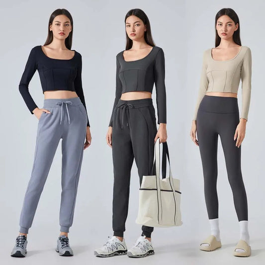 Slim fit scoop neck long sleeve nylon crop t-shirt top - product image