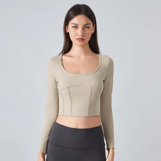 Slim fit scoop neck long sleeve nylon crop t-shirt top - product image