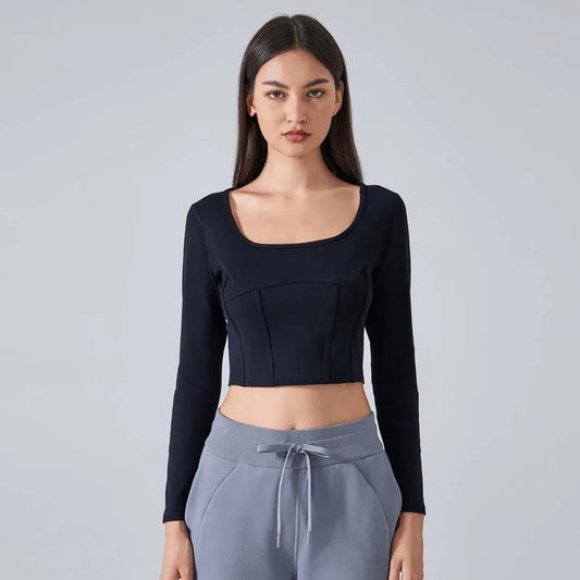 Slim fit scoop neck long sleeve nylon crop t-shirt top - product image