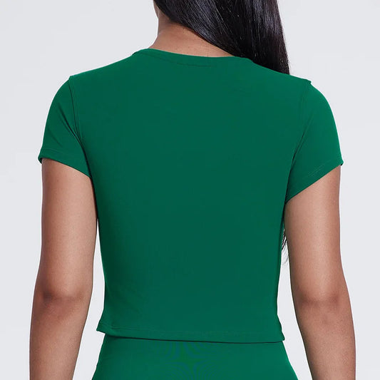 Spandex nylon knit women's crew neck short sleeve slim crop t-shirt - product image