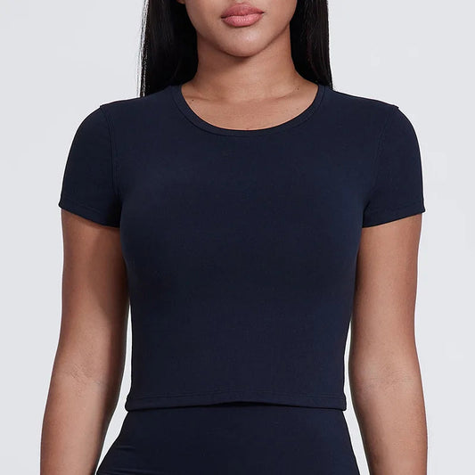 Spandex nylon knit women's crew neck short sleeve slim crop t-shirt - product image