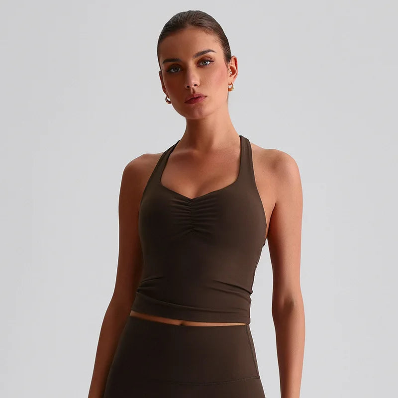 Spandex nylon knit women's scrunch halter neck yoga sports bra gym crop top - product image