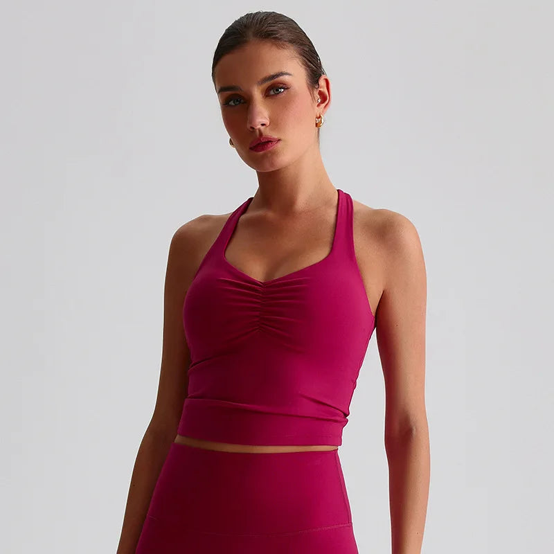 Spandex nylon knit women's scrunch halter neck yoga sports bra gym crop top - product image