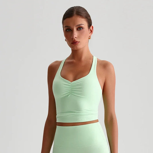 Spandex nylon knit women's scrunch halter neck yoga sports bra gym crop top - product image