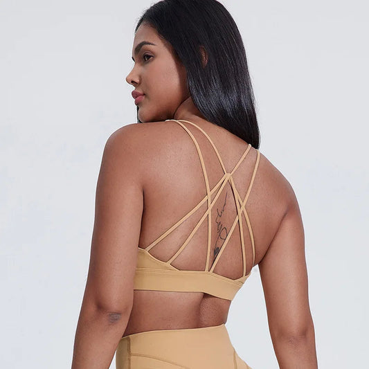 Strappy padded cross back polyester knit fitness sports bra - product image