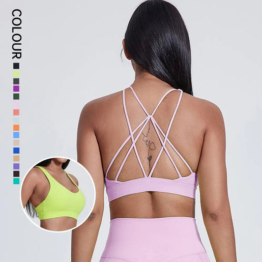 Strappy padded cross back polyester knit fitness sports bra - product image