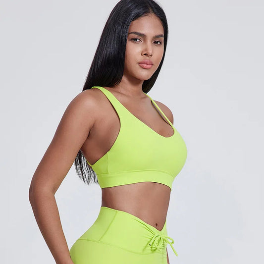 Strappy padded cross back polyester knit fitness sports bra - product image