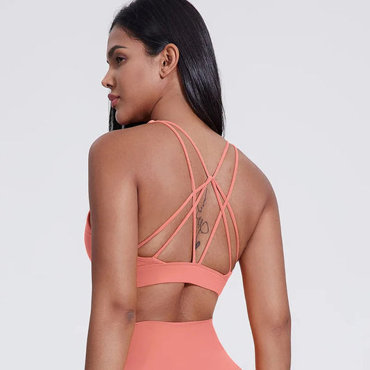 Strappy padded cross back polyester knit fitness sports bra - product image