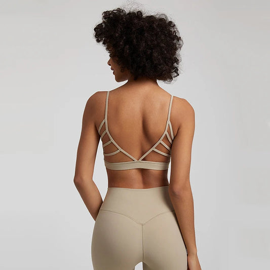 Super cloud open back deep u neck padded sports bra with 8-way stretch nylon spandex - product image