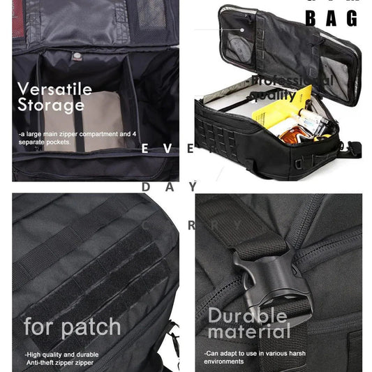 Tactical men's large capacity backpack with multiple compartments and concealable straps - product image