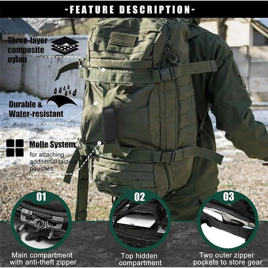 Tactical men's large capacity backpack with multiple compartments and concealable straps - product image