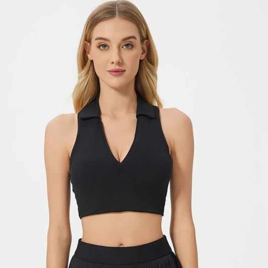V neck back cutout knit nylon yoga crop top with padding - product image