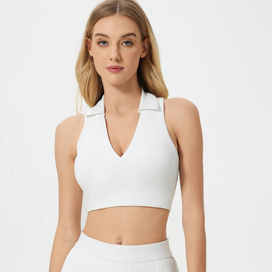 V neck back cutout knit nylon yoga crop top with padding - product image