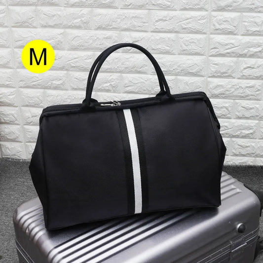 Waterproof nylon large capacity striped travel duffle gym bag with multiple compartments - product image