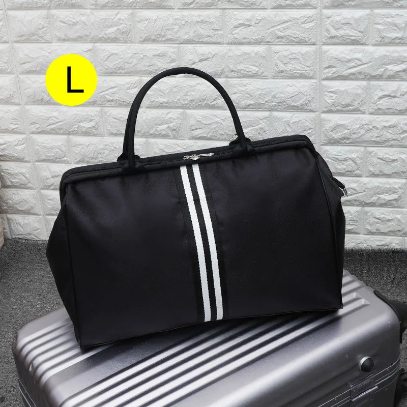 Waterproof nylon large capacity striped travel duffle gym bag with multiple compartments - product image
