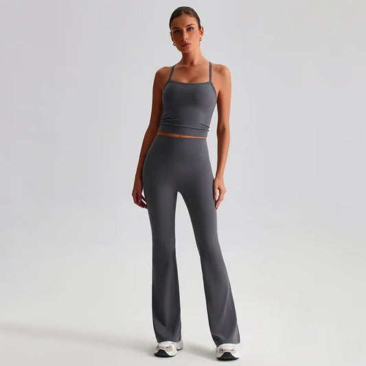 Women's 2-piece gym set high waist yoga flare pants and top - product image