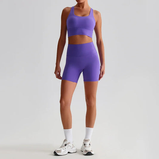 Women's 2-piece knit nylon yoga set with cross back sports bra and shorts - product image