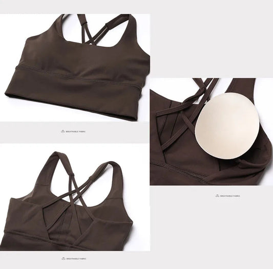 Women's 2-piece knit nylon yoga set with cross back sports bra and shorts - product image