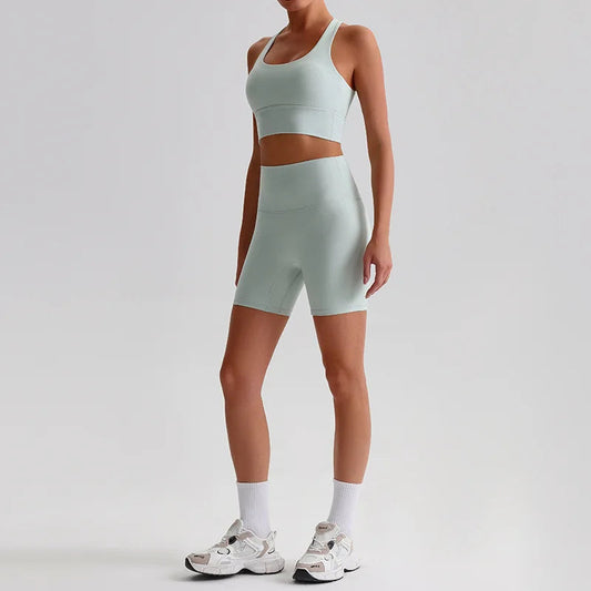 Women's 2-piece knit nylon yoga set with cross back sports bra and shorts - product image