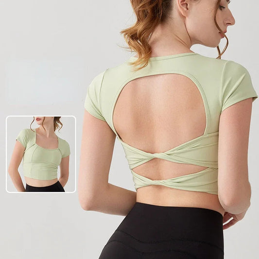 Women's yoga dress with chest pad cross back short sleeve t-shirt - product image