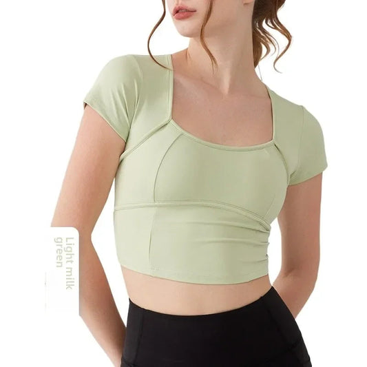 Women's yoga dress with chest pad cross back short sleeve t-shirt - product image