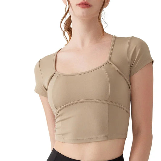 Women's yoga dress with chest pad cross back short sleeve t-shirt - product image